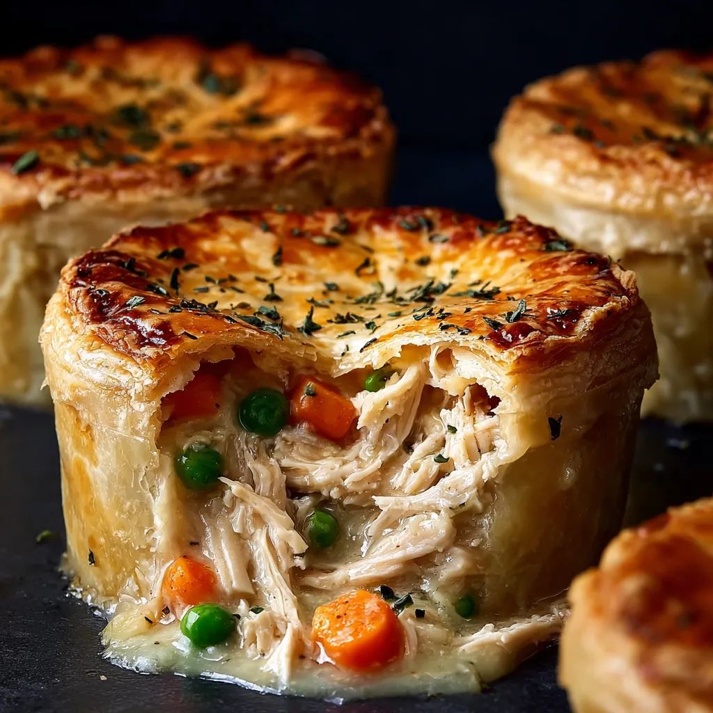 Closeup of a mini pie stuffed with peas and carrots.