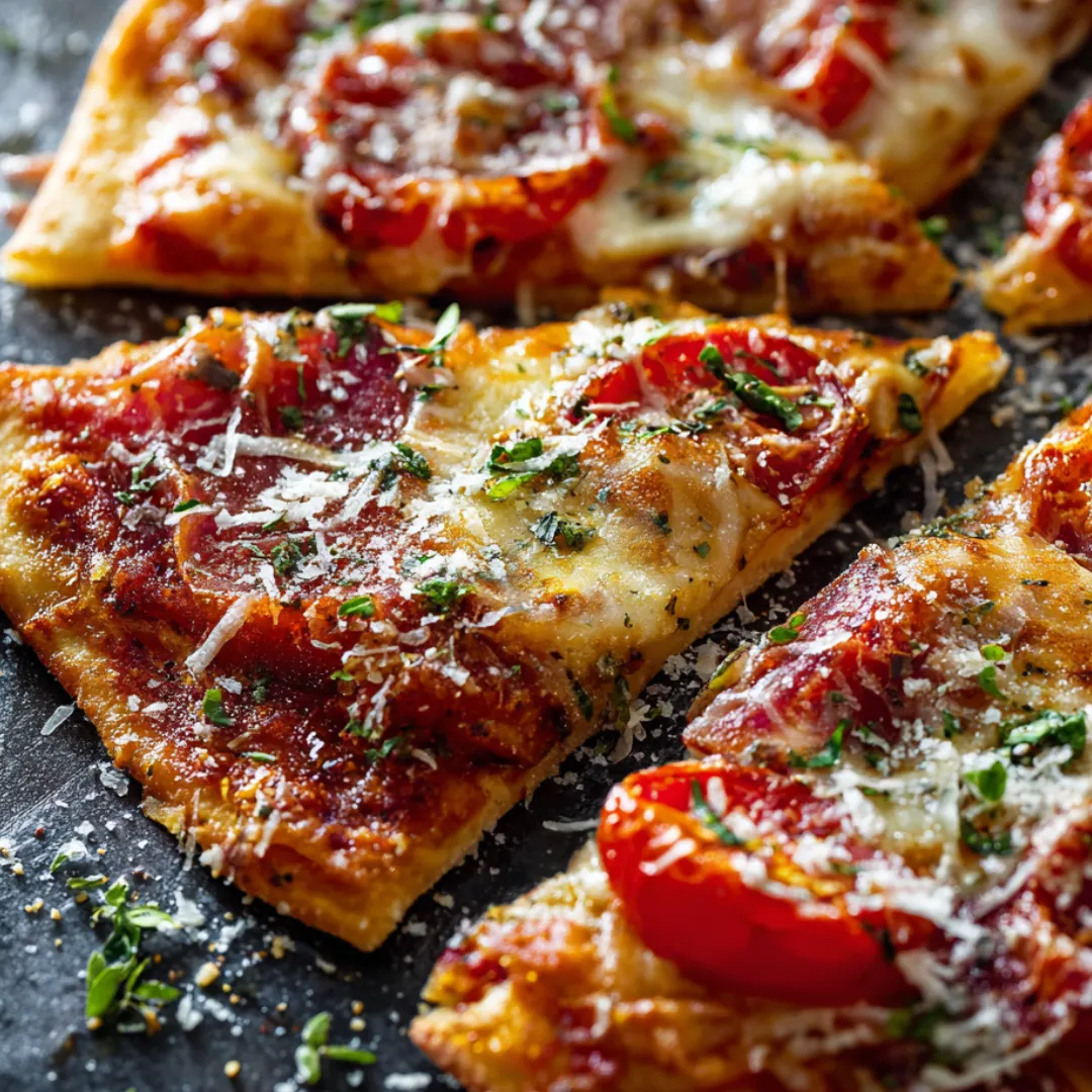 Pizza slice topped with gooey cheese and tomatoes.