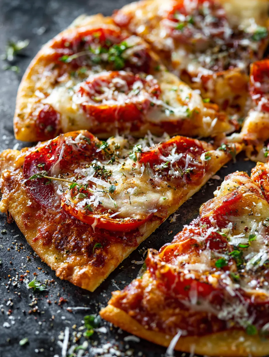 Pizza covered with tomatoes and cheese sitting on a dark table.