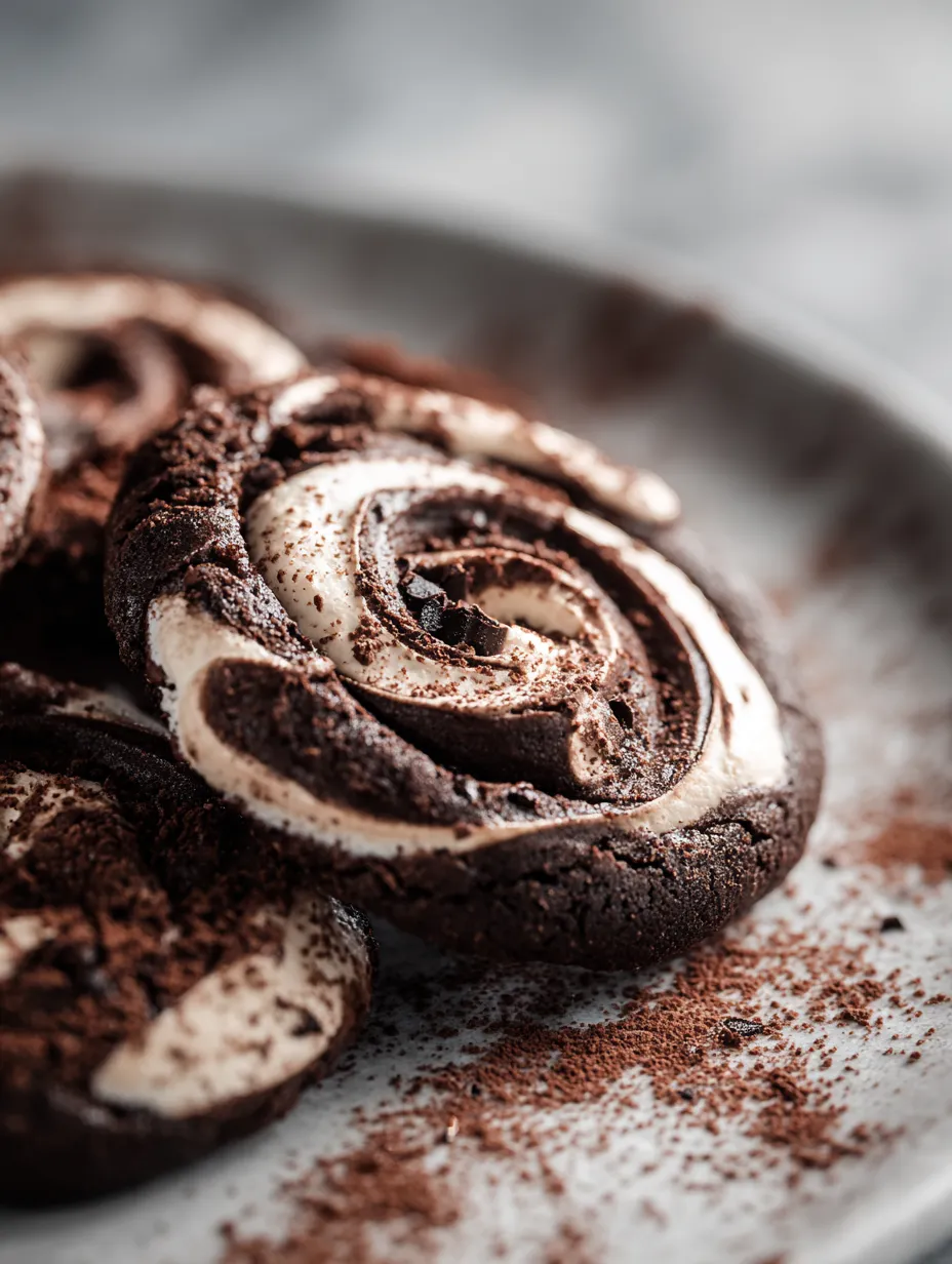 Cookies topped with swirled white and brown frosting on a plate.