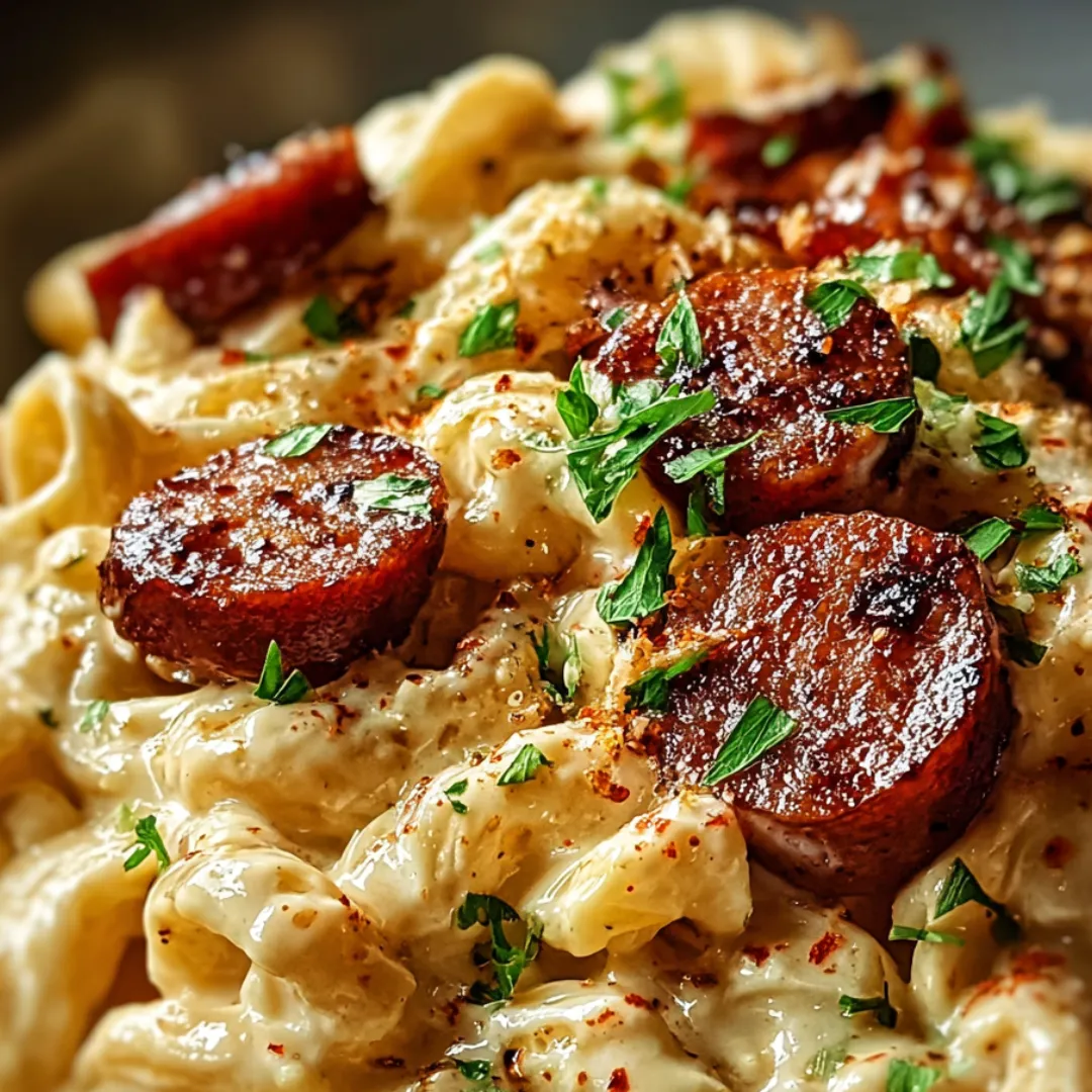 Pasta topped with sausage slices and melted cheese.