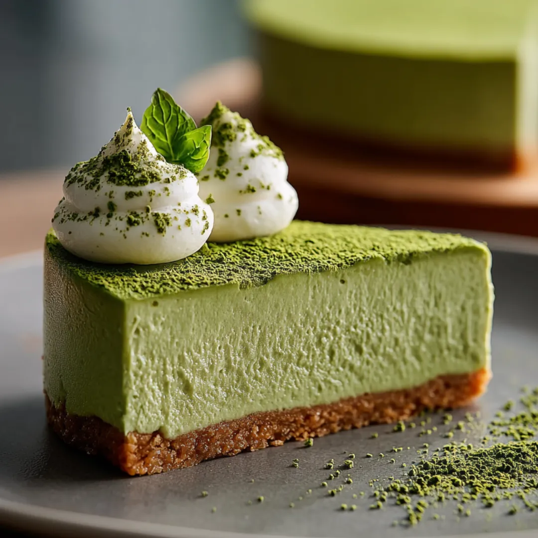 A creamy green slice topped with white icing and mint leaves.