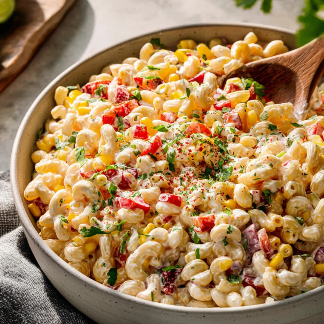 A serving bowl filled with cheesy macaroni, corn, and juicy tomato bits.