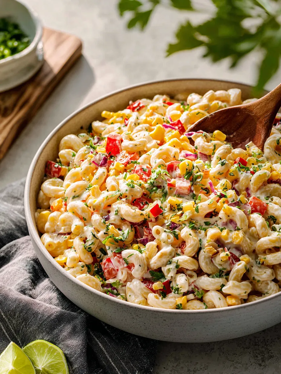 Colorful pasta salad with corn, tomatoes, and fresh herbs in a bowl.