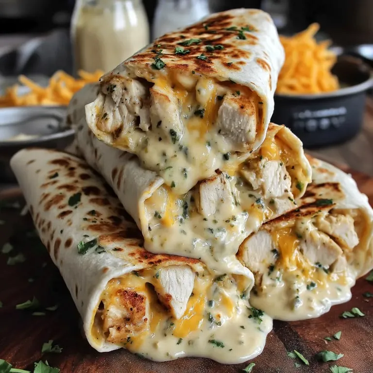 A pile of crispy chicken wraps stuffed with cheese and creamy sauce.
