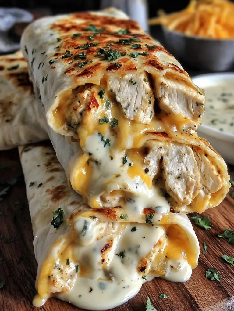 Chicken sandwich full of cheese and creamy sauce.
