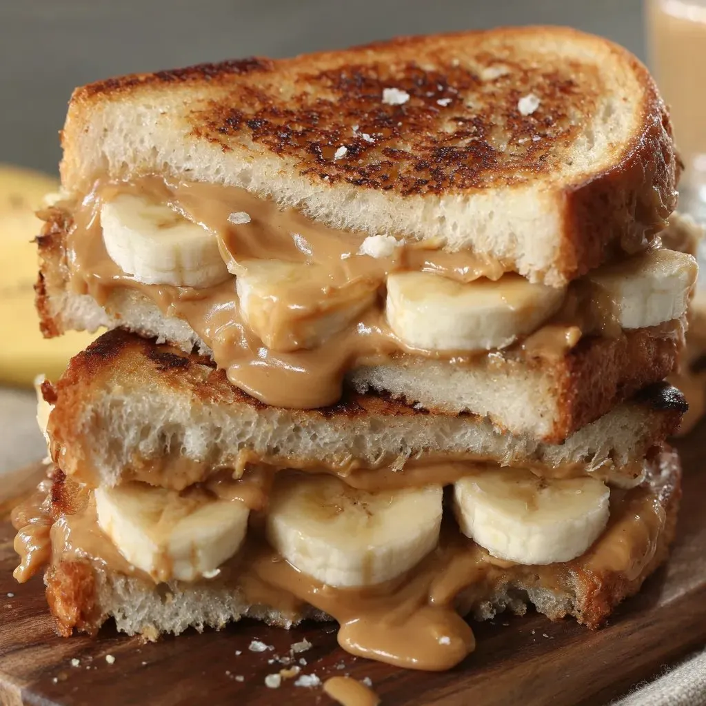 A stack of peanut butter and banana sandwiches on toasted bread.