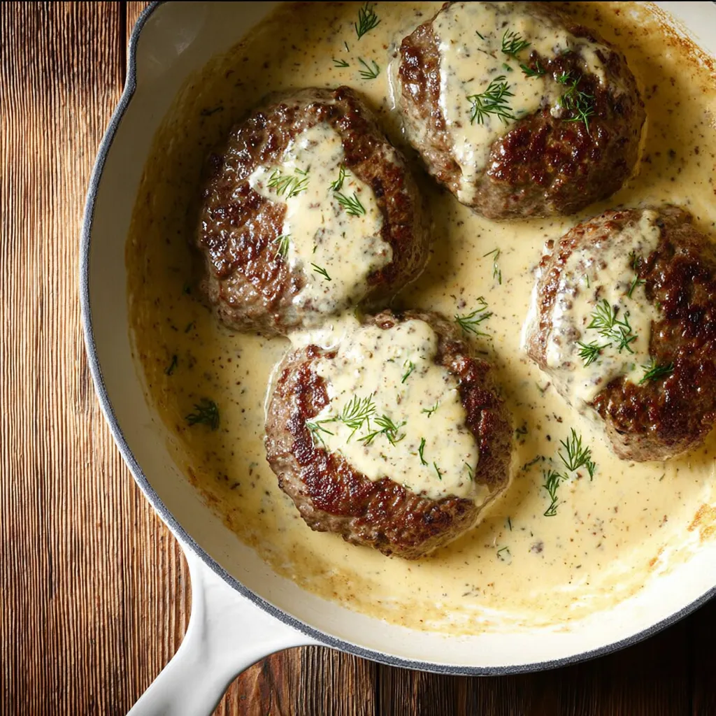Meat with creamy sauce in a skillet sitting on a wooden table.