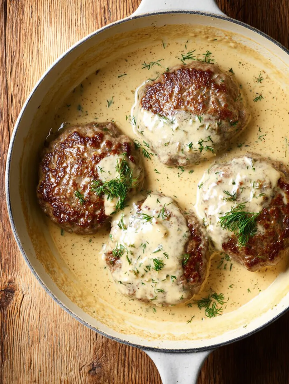 Meat and sauce in a skillet on rustic wood table.