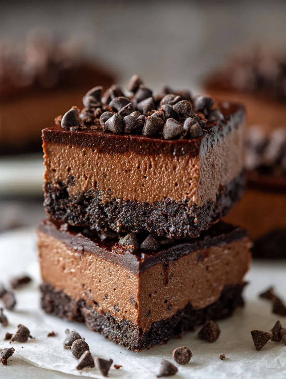 A slice loaded with chocolate chips and a chocolatey base.