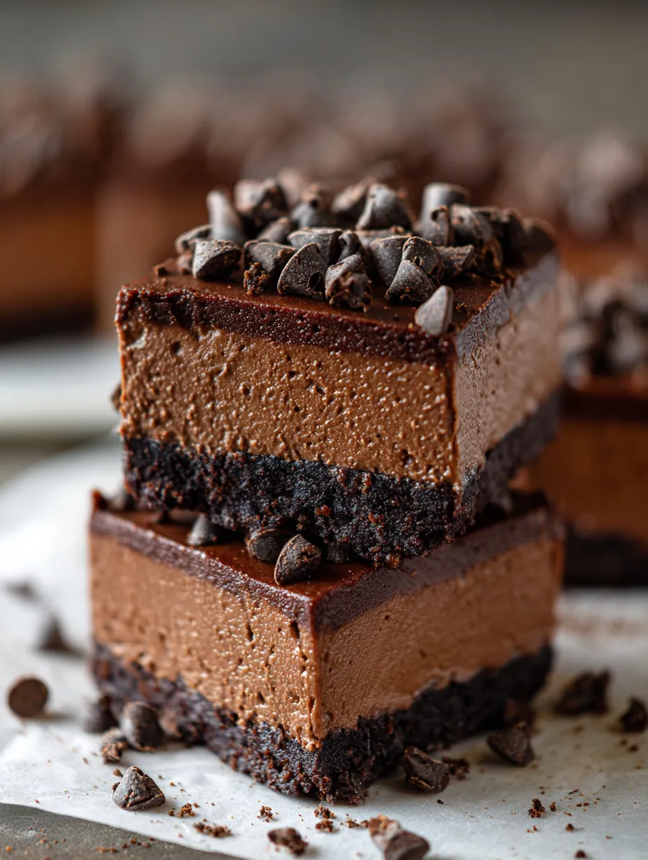 Chocolate bar slice topped with a layer of chips.