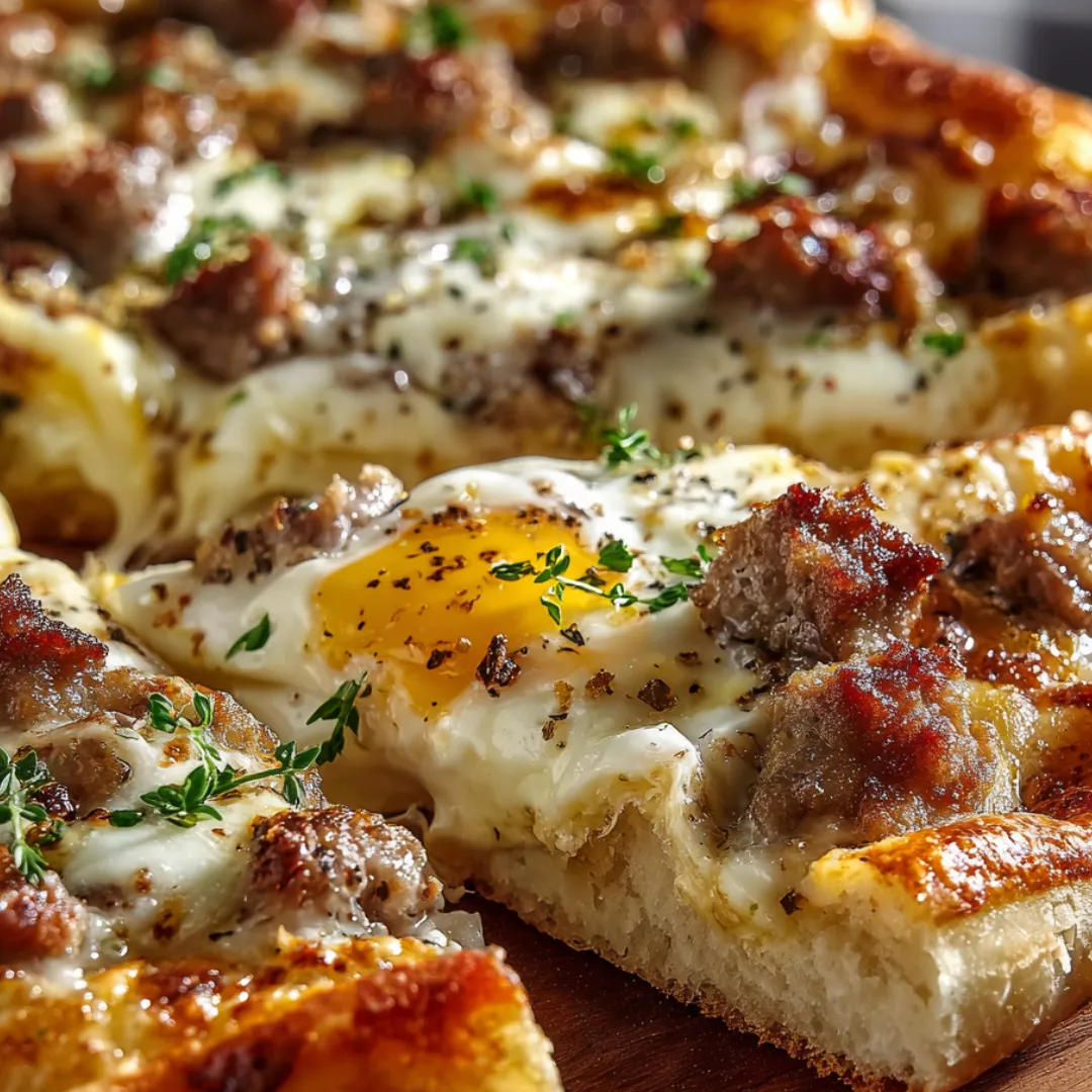 Pizza slice with sausage, eggs, and cheese on top.