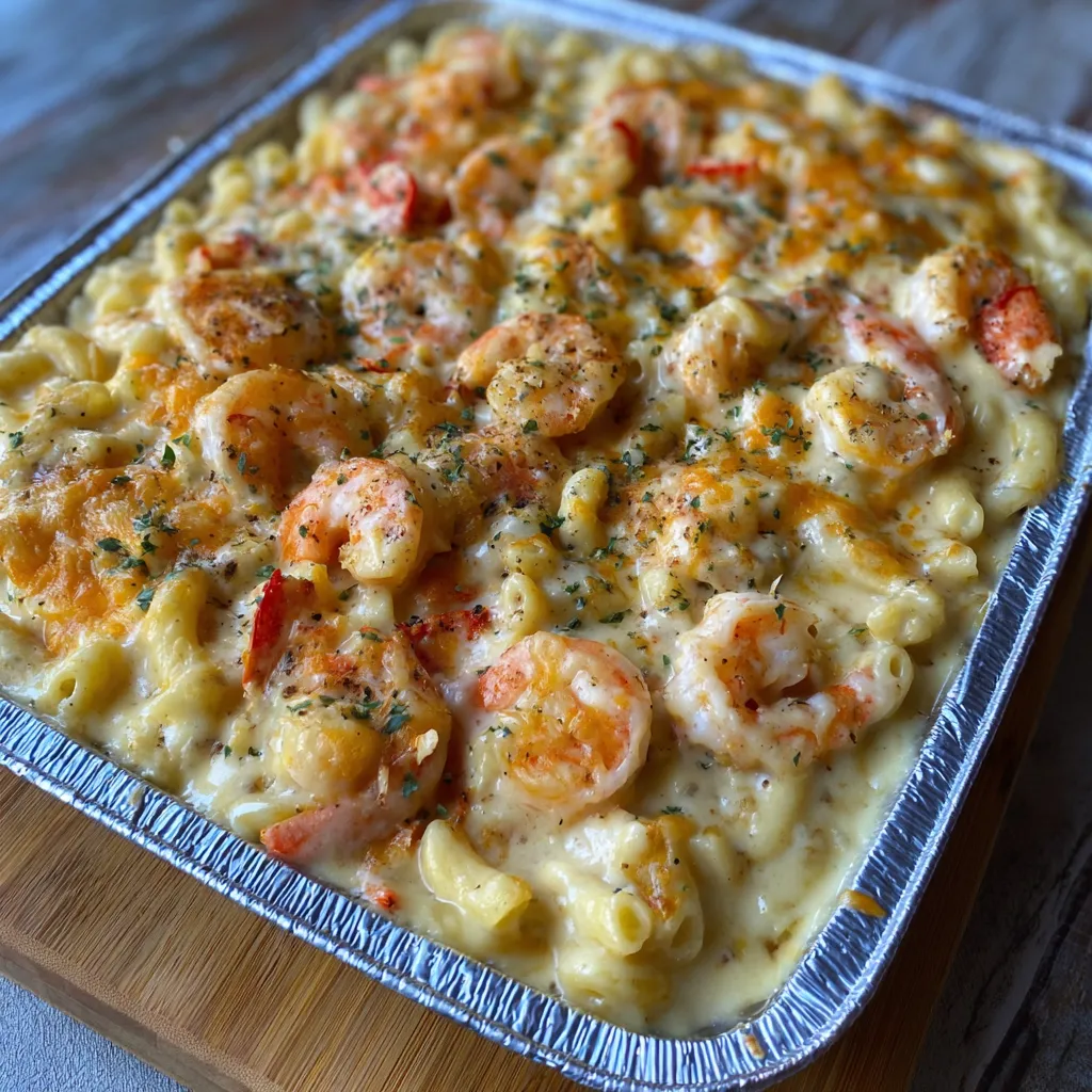 Bubbly macaroni with big shrimp on top in a pan.