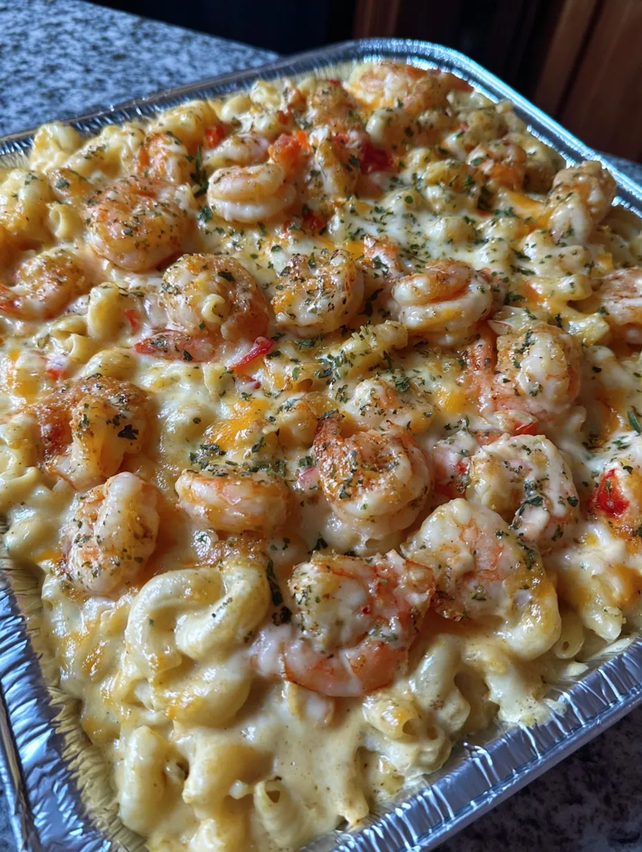A yummy casserole dish filled with shrimp and cheese.