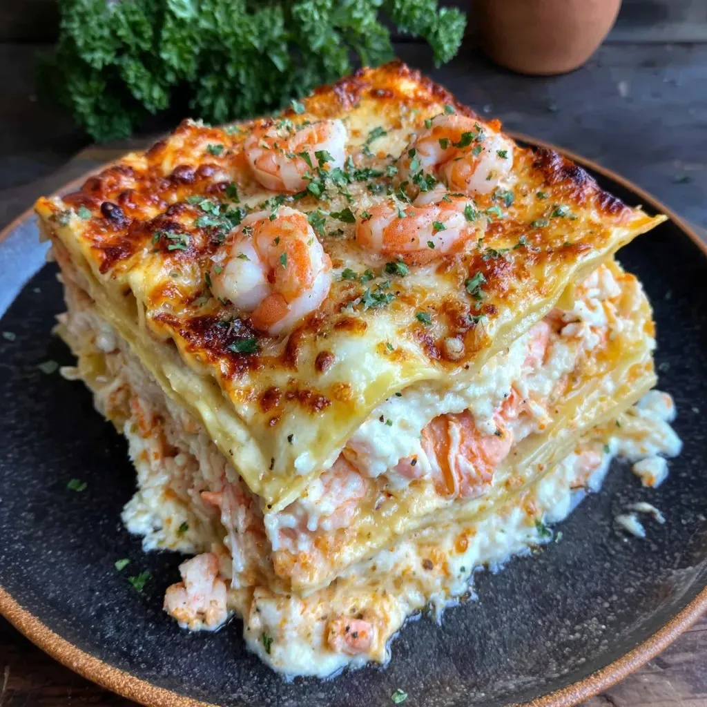 Lasagna stacked with shrimp and cheese with a gooey top.