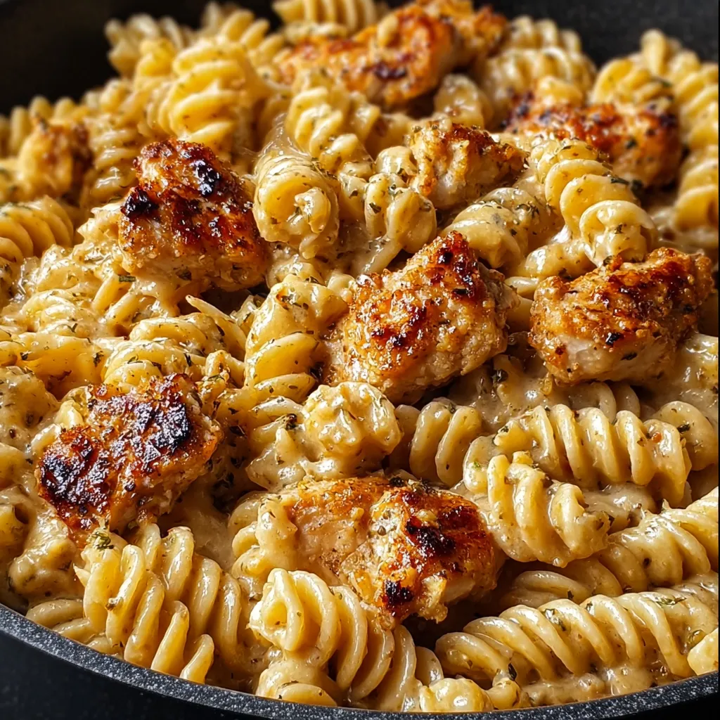 A skillet packed with cheesy pasta and chunks of chicken.