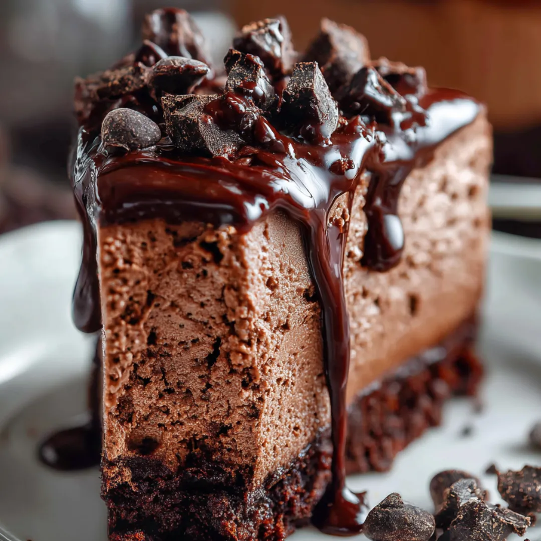 Chocolate cake slice covered with chocolate sauce.