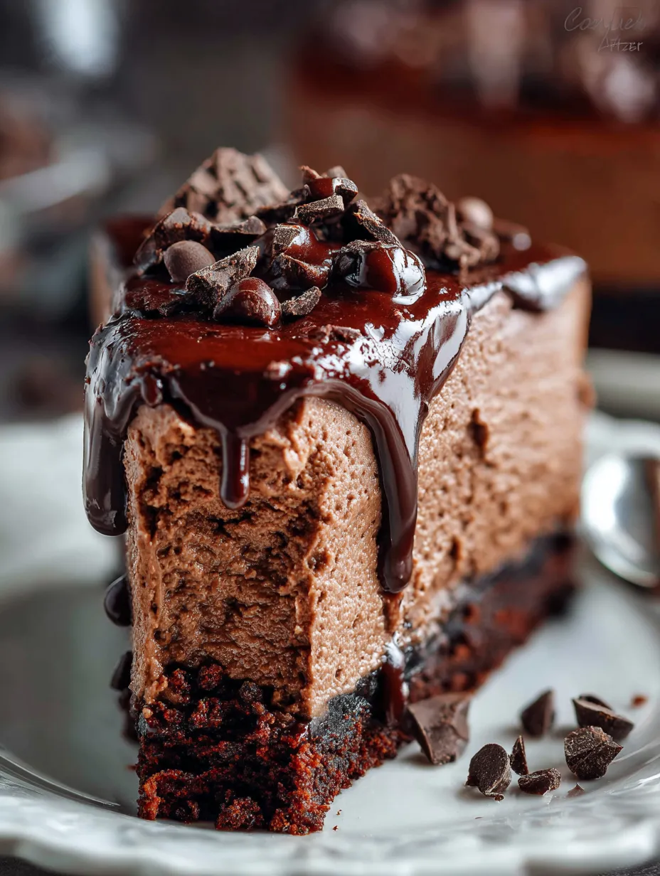 A slice of chocolate cake topped with shiny chocolate sauce.