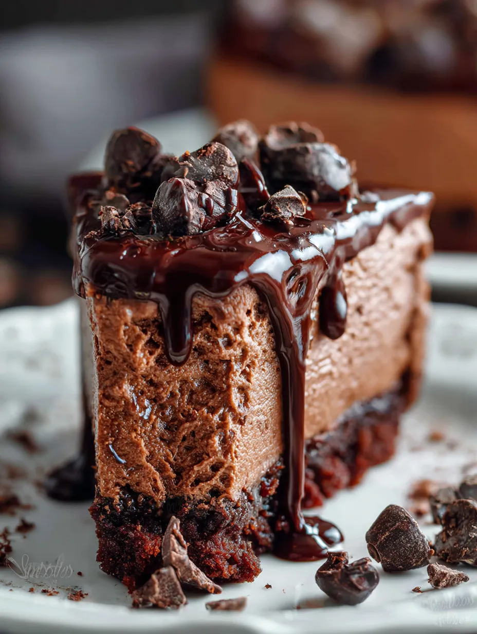 A slice of chocolate cake topped with shiny chocolate sauce.