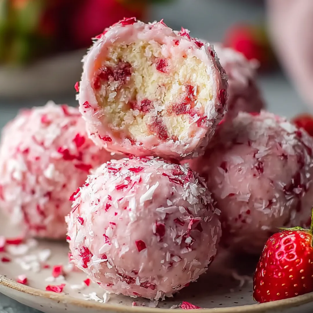 Sliced pink dessert topped with fresh strawberries on a plate.