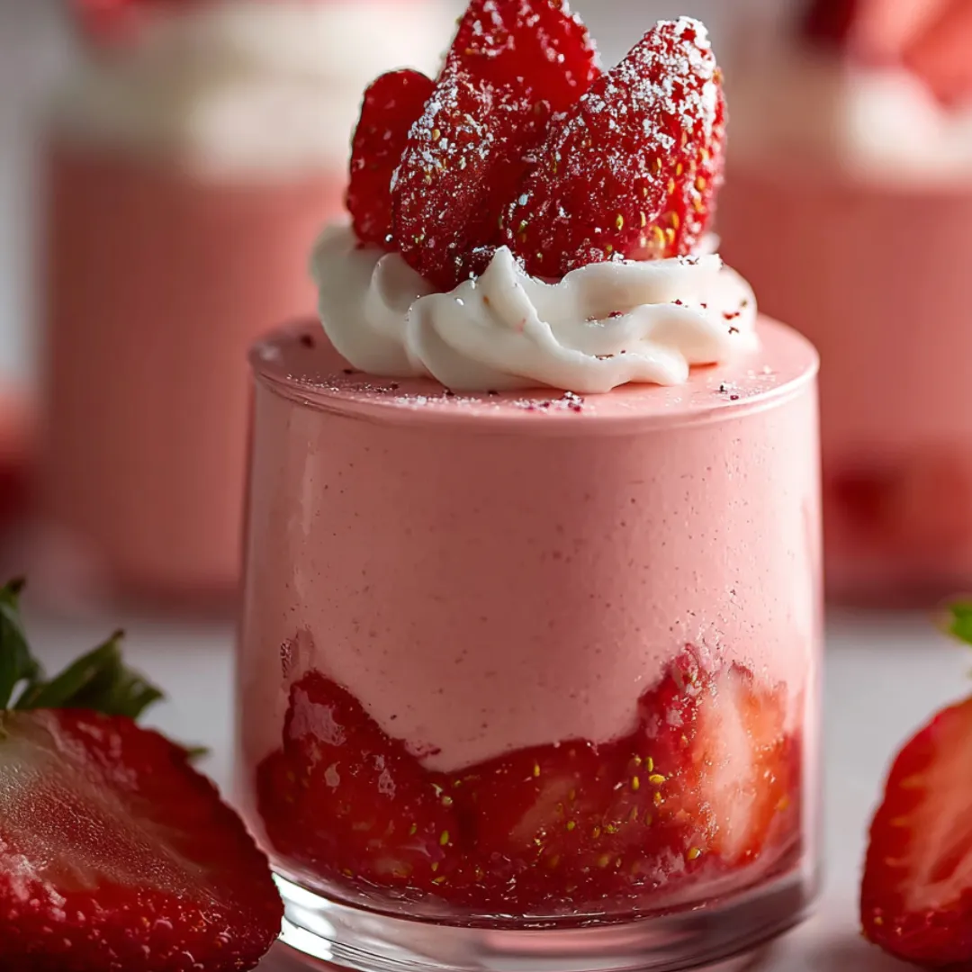 A fluffy cake topped with whole strawberries and clouds of whipped cream.
