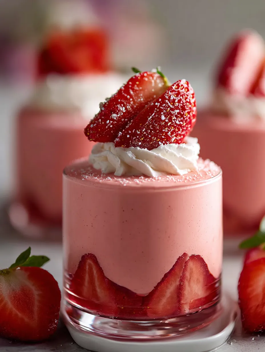 A big slice of pink cake topped with airy whipped cream and fresh strawberries.