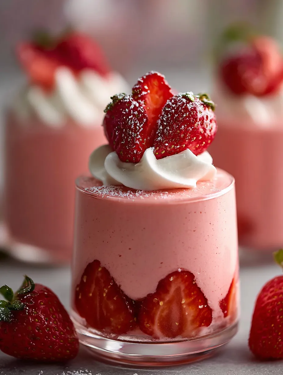 Fluffy pink mousse topped with fresh strawberries.