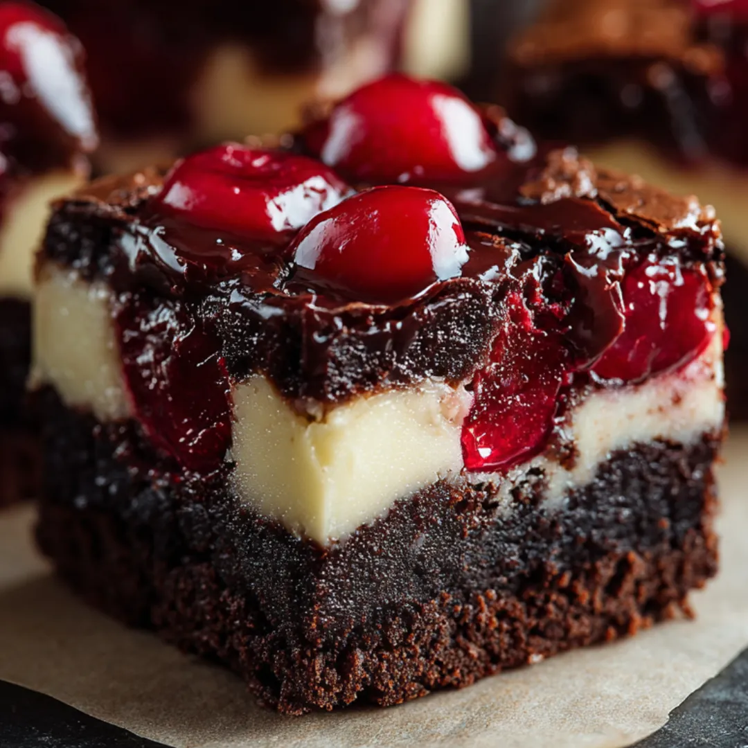 Chocolate squares topped with glossy cherries.