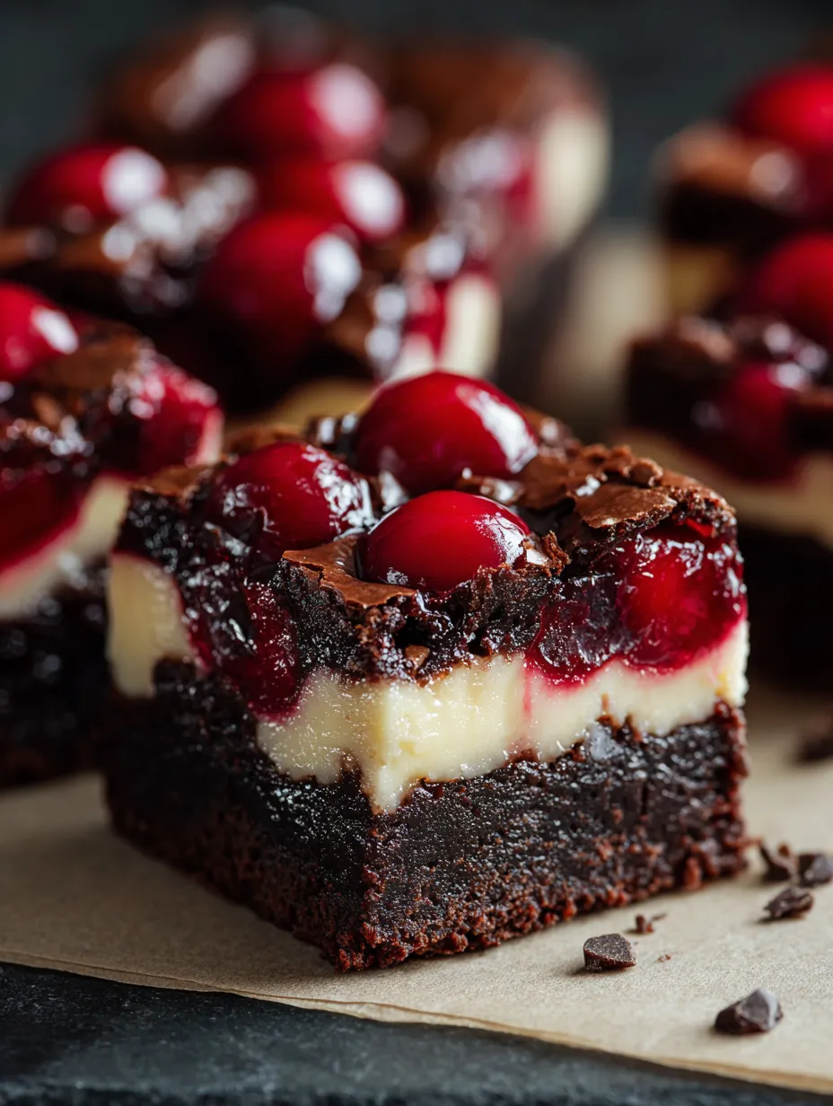 A chocolate dessert with cherries on top.