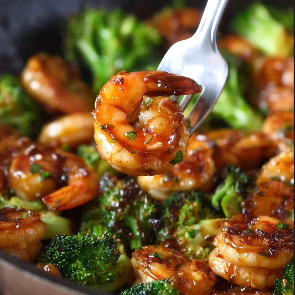 A fork lifts up shrimp from a plate packed with broccoli and sauce.