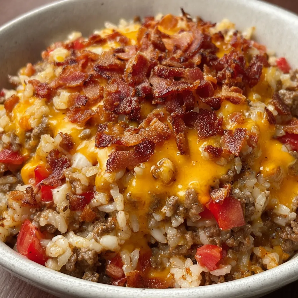 A bowl filled with smoky bacon and cheesy rice.