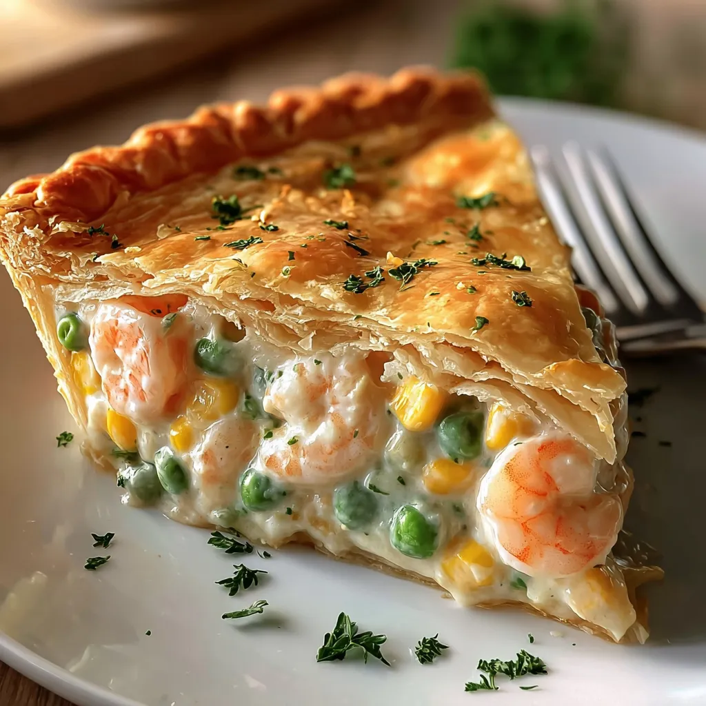 Shrimp-packed pie slice with peas sits on a white dish.