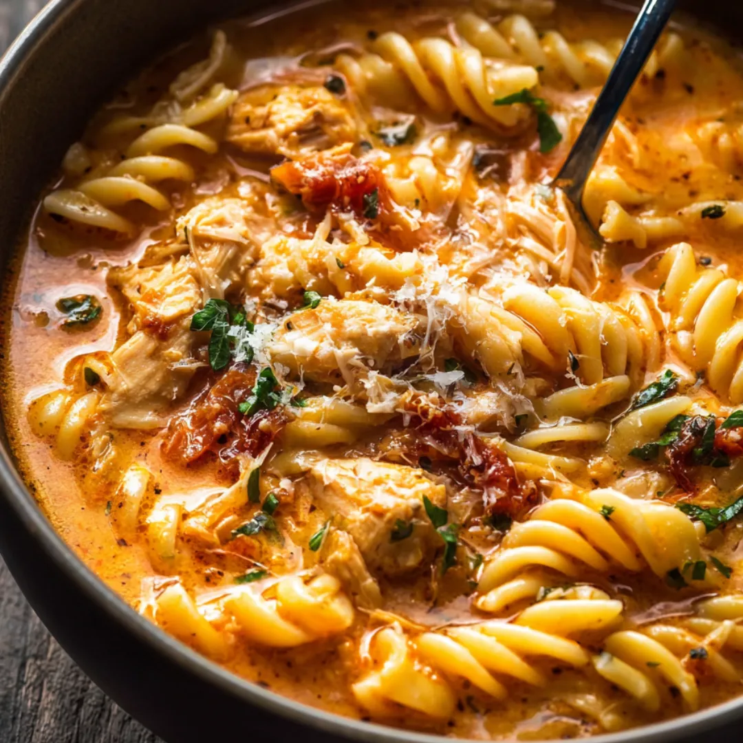 Big bowl full of pasta, tender chicken, and melty cheese.