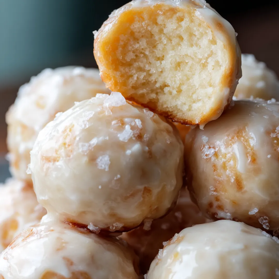 A pile of donut holes with one showing the soft inside.