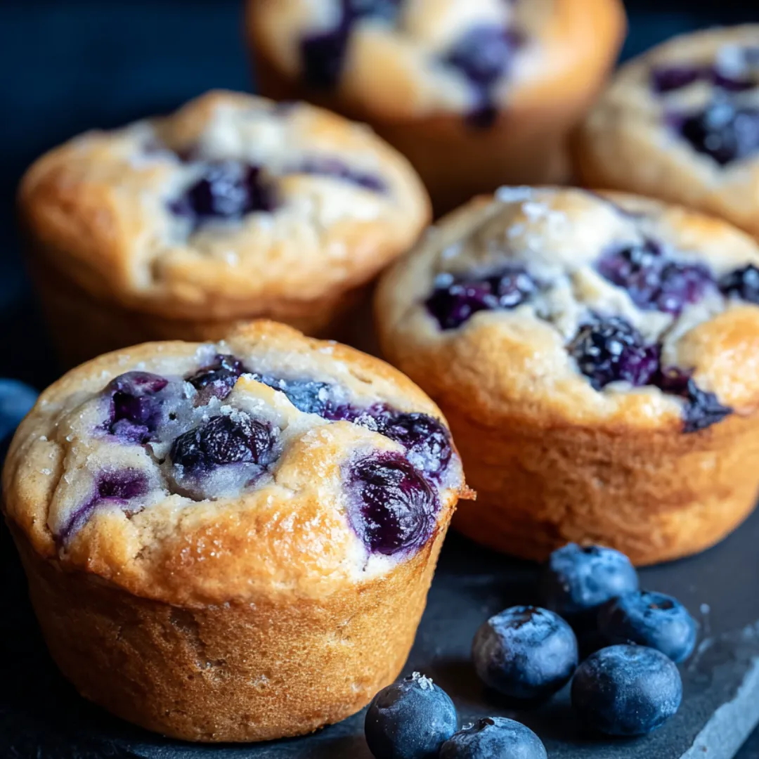 A bunch of muffins topped with blueberries sits on a plate.