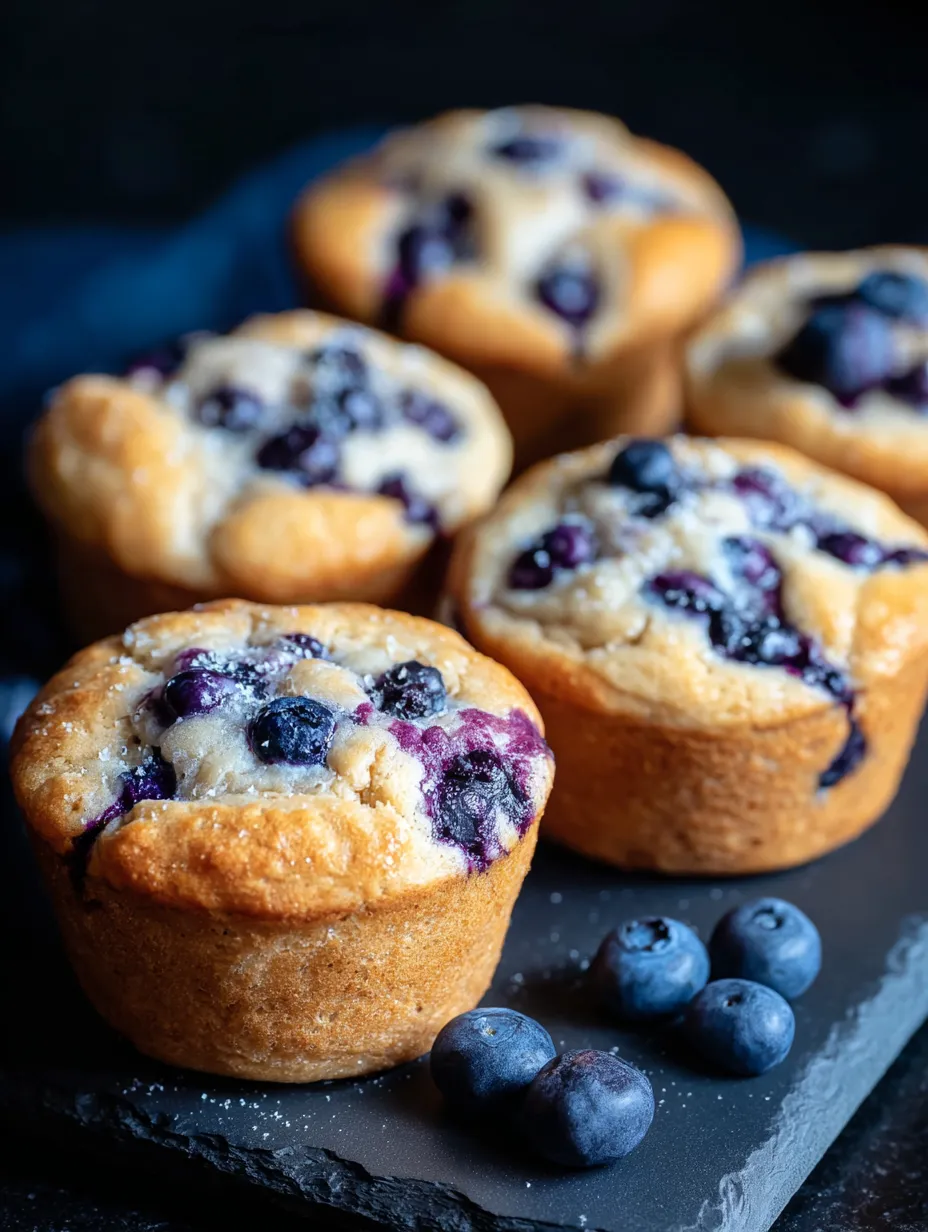 A plate stacked with blueberry muffins.