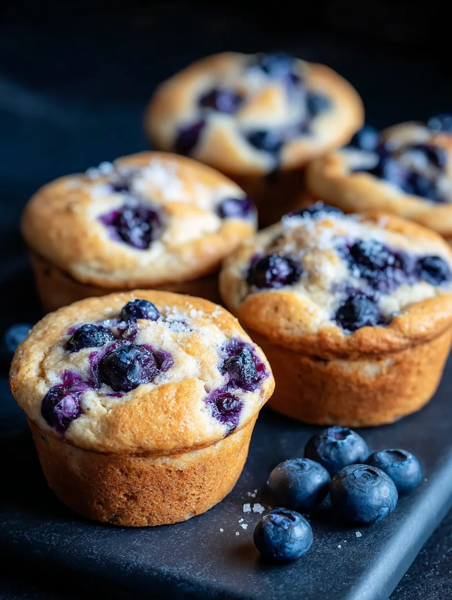 A plate of muffins topped with blueberries.