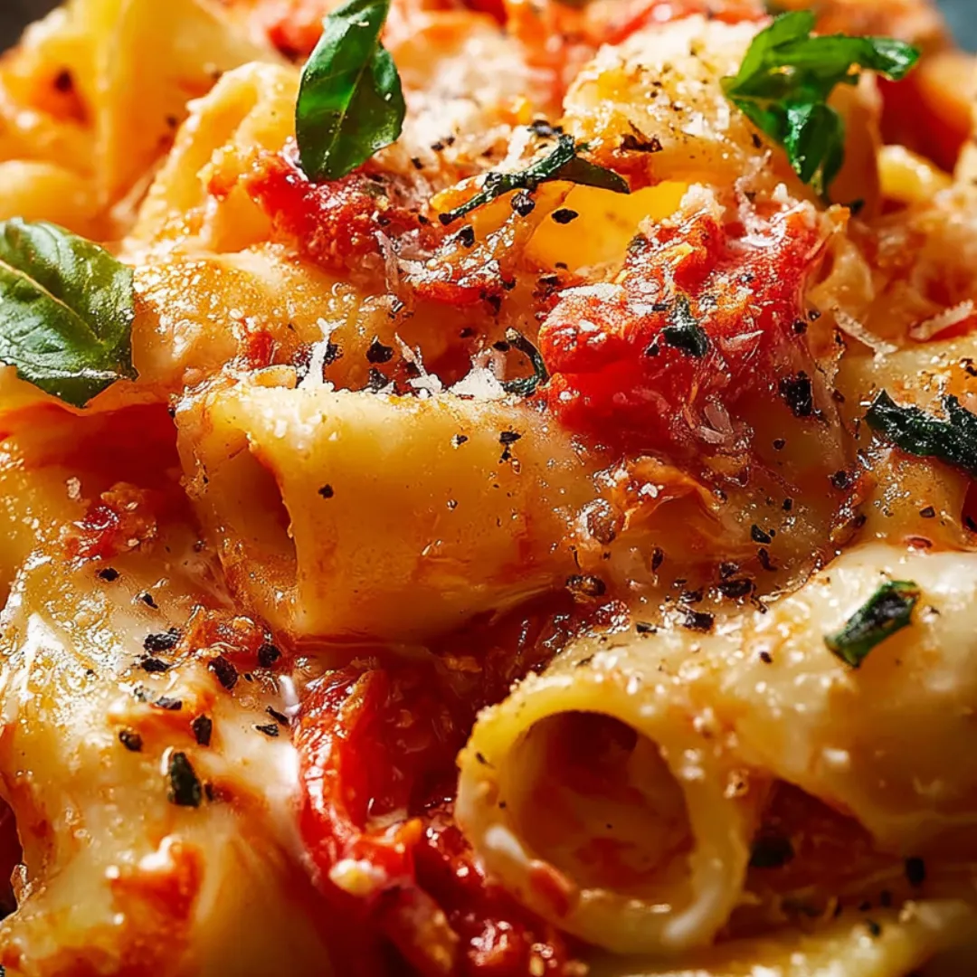 Delicious pasta smothered in tomato and cheese on a plate up close.
