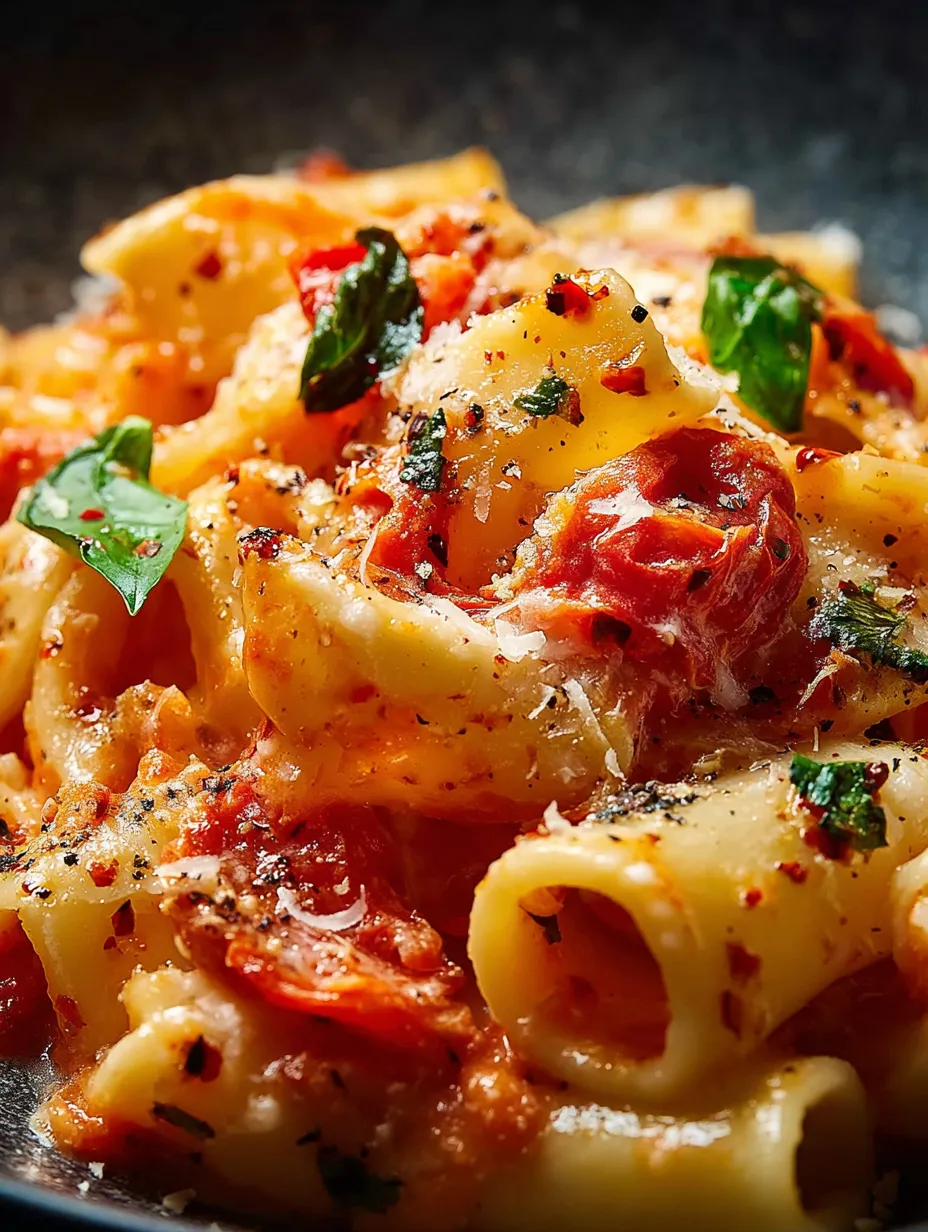 A bowl piled with pasta, tomato, and gooey cheese.