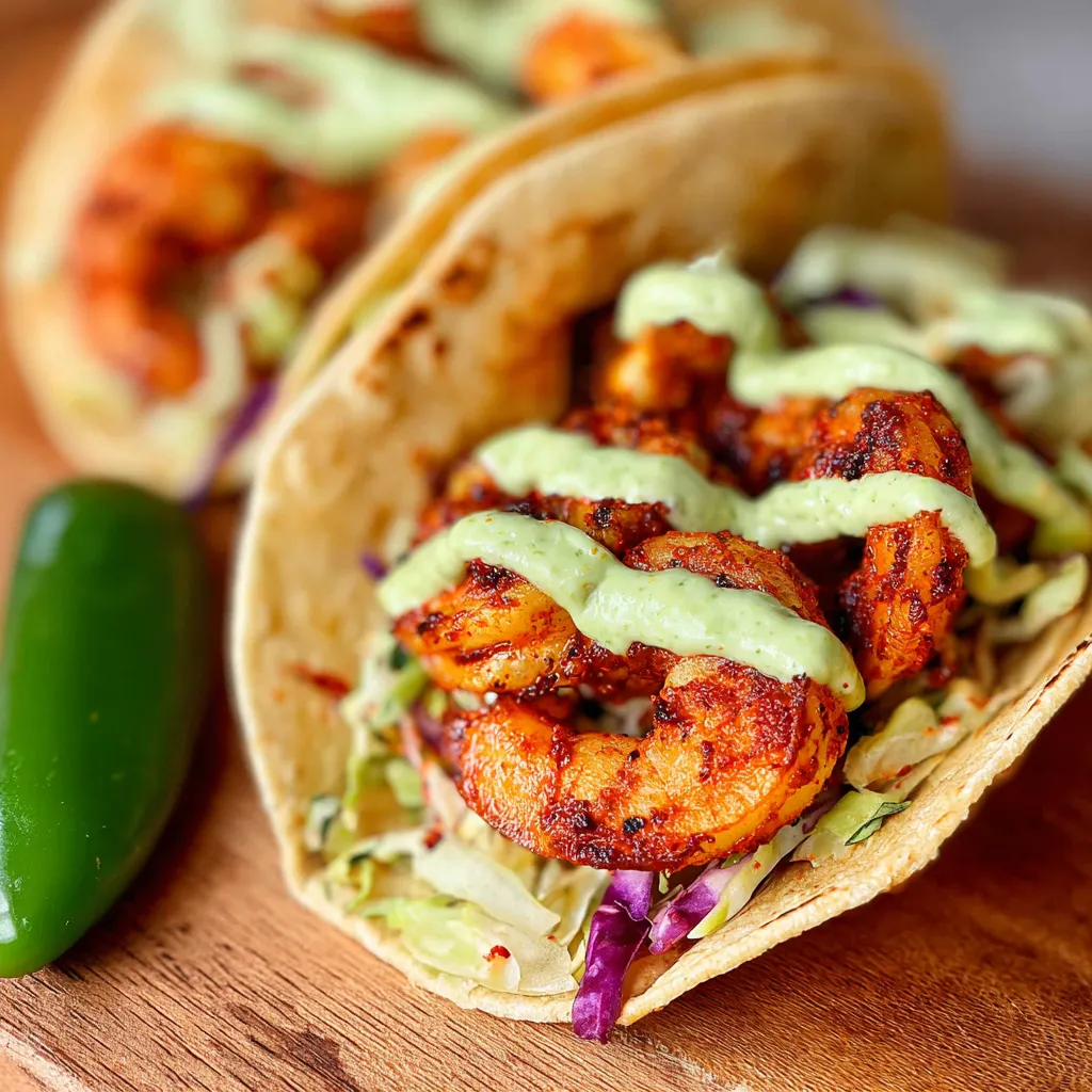 Two shrimp tacos loaded with sauce and slaw.
