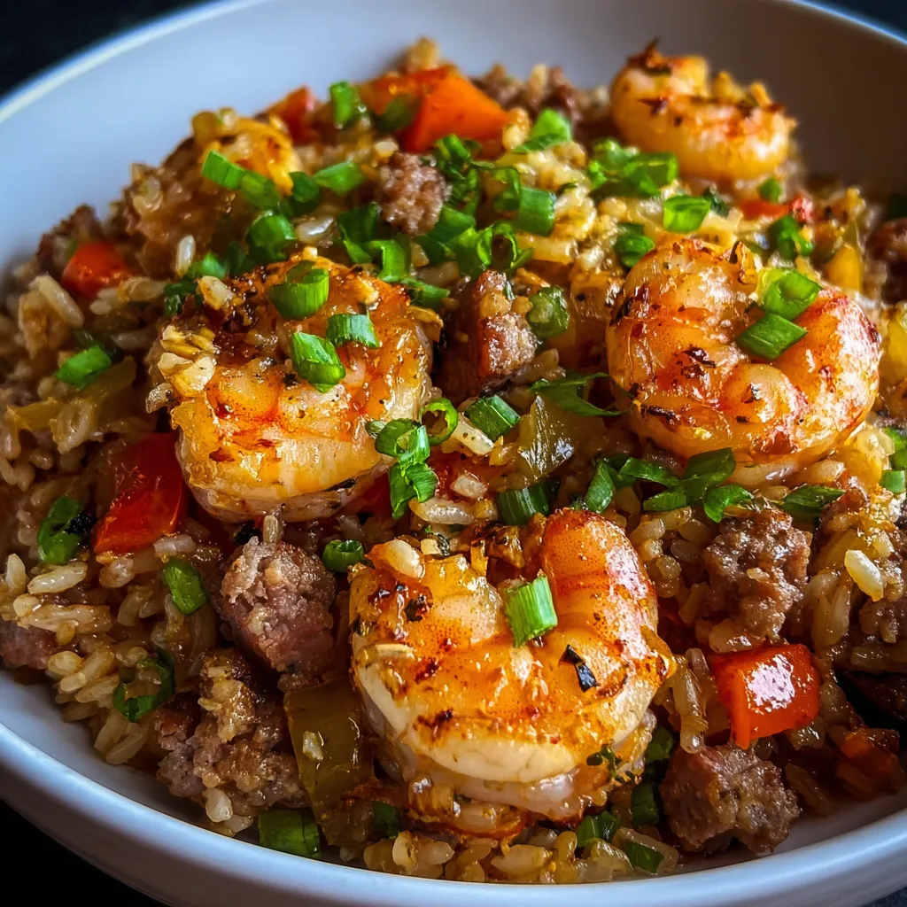 Bowl filled with shrimp, veggies, and rice.