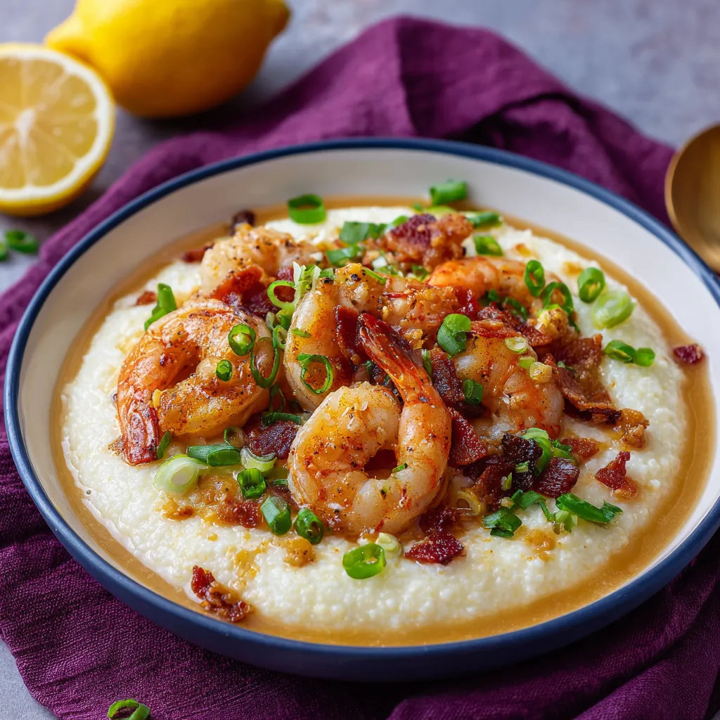 Shrimp and grits in a bowl, lemon wedge on the side.