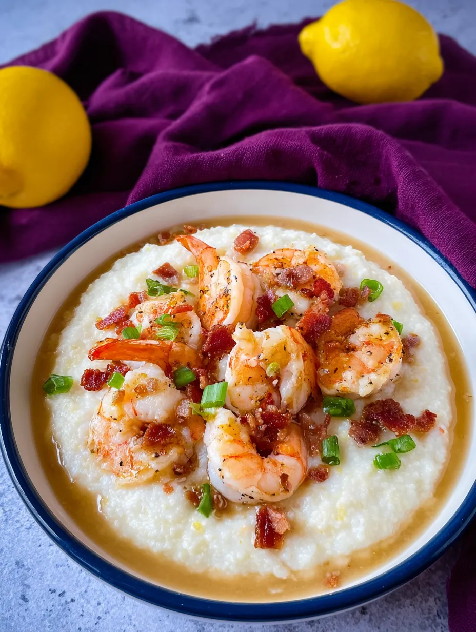 A bowl full of shrimp and grits on a table.
