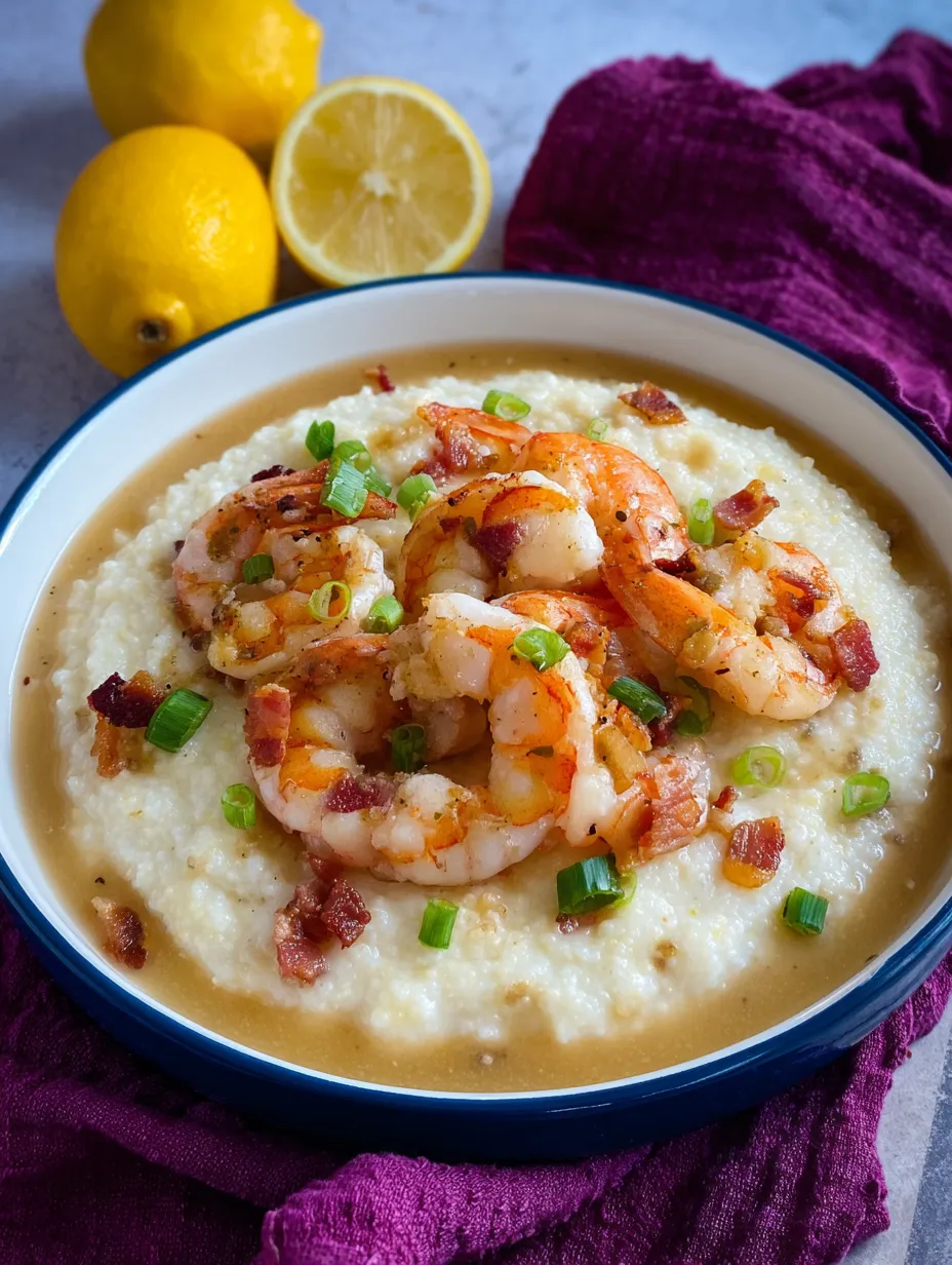 Big bowl of grits and shrimp with a lemon wedge on the side.
