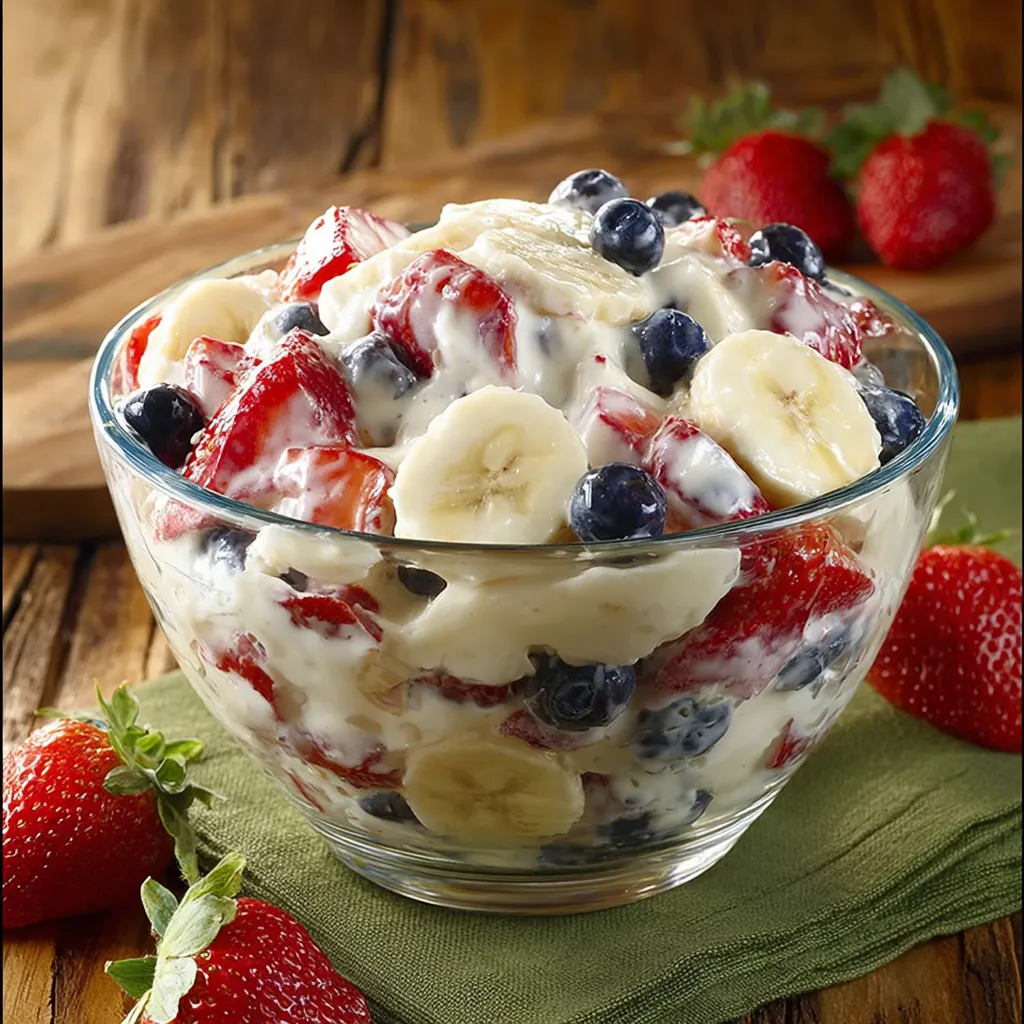 Bowl full of strawberries, bananas, and blueberries mixed together.