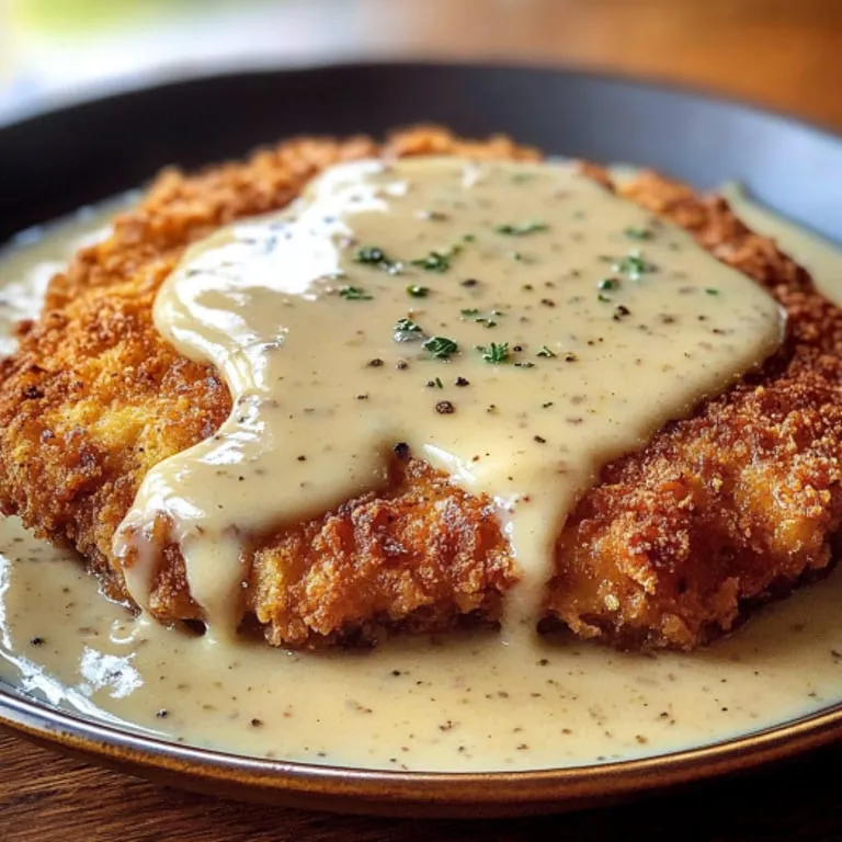 A plate loaded with steak and creamy gravy.