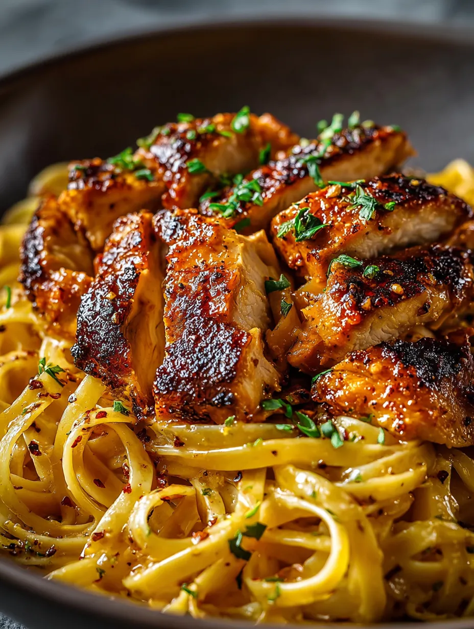 A plate of food with chicken and pasta.