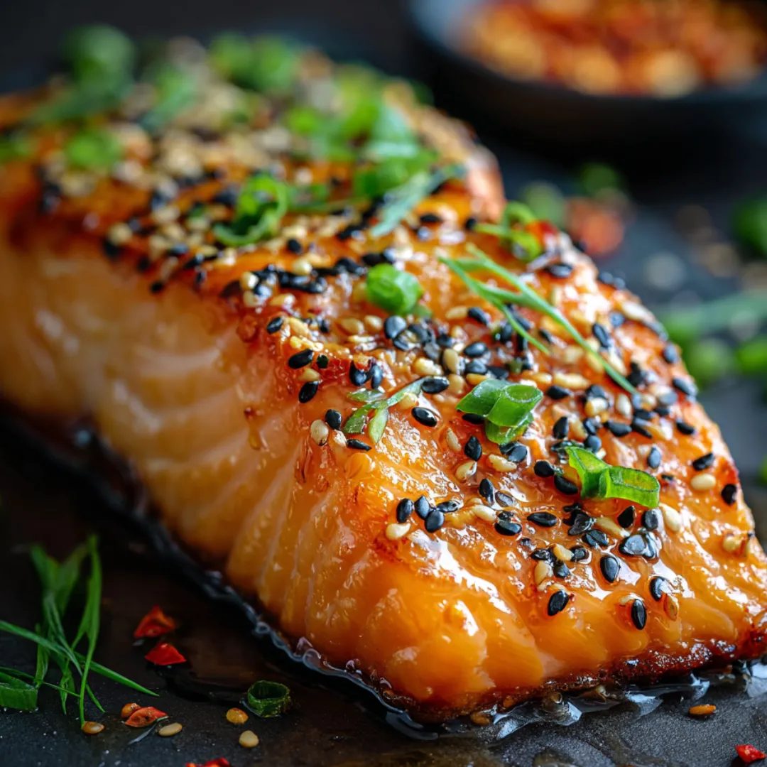 A piece of fish with black seeds on it.