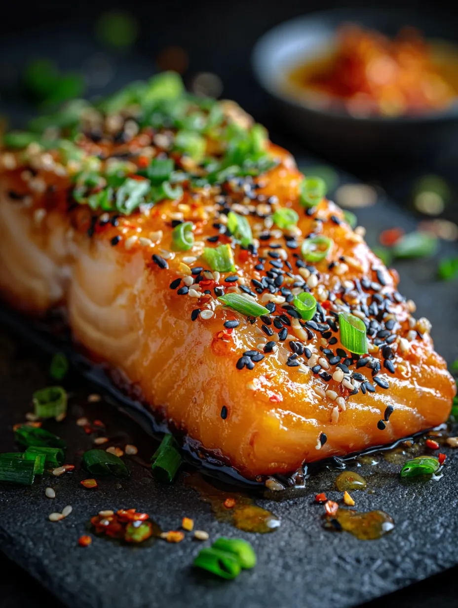 A piece of fish with black seeds on top.
