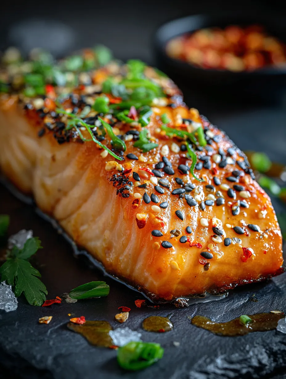 A piece of fish with black seeds on it.